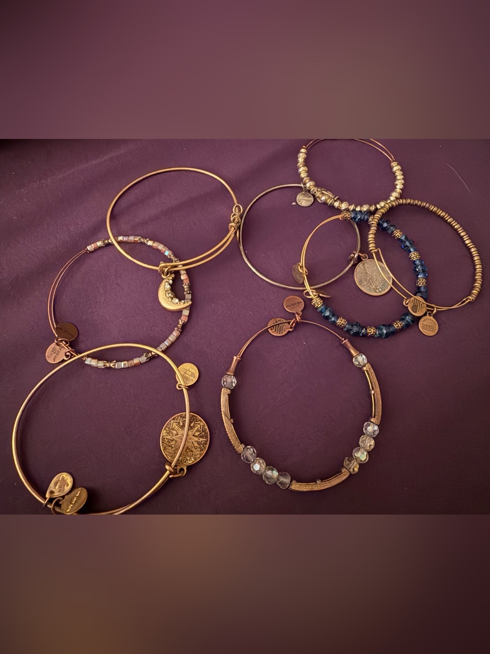 Alex and Ani Gold Tone Stackable Charm & Beaded Bangle Set with Blue Accents